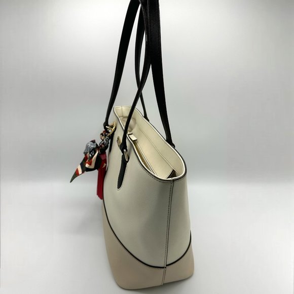 EUC Kate Spade Beige/Ivory/Black Colorblock Zip-Top Leather Tote + Bag Charm - Picture 4 of 16